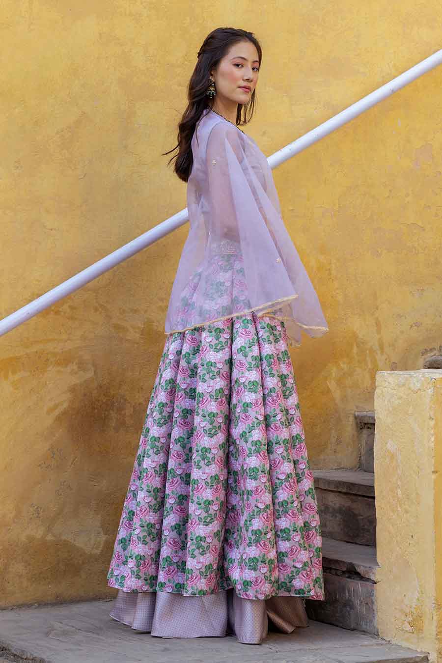 Brown Printed Lehenga Set with Cape