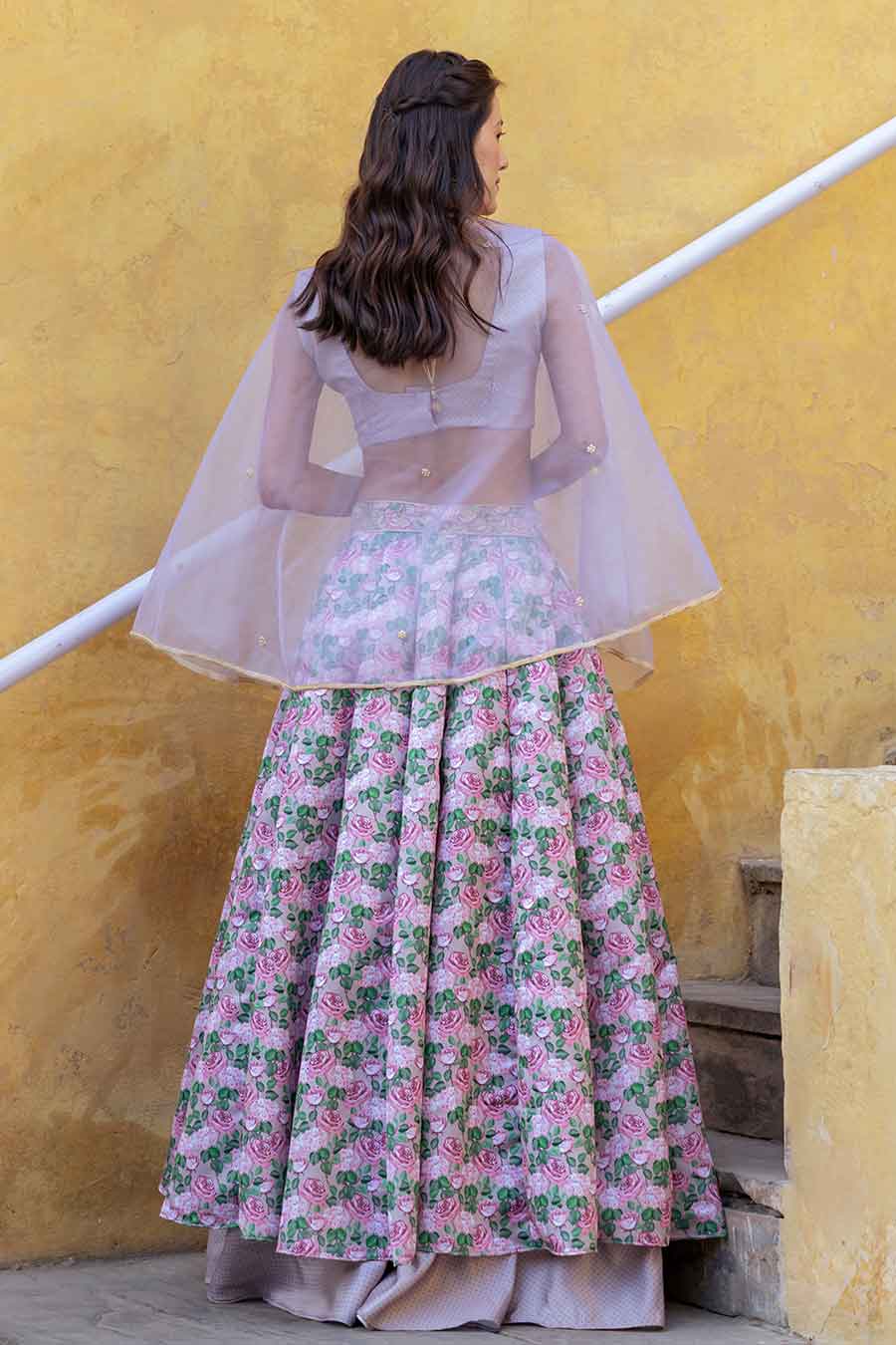 Brown Printed Lehenga Set with Cape