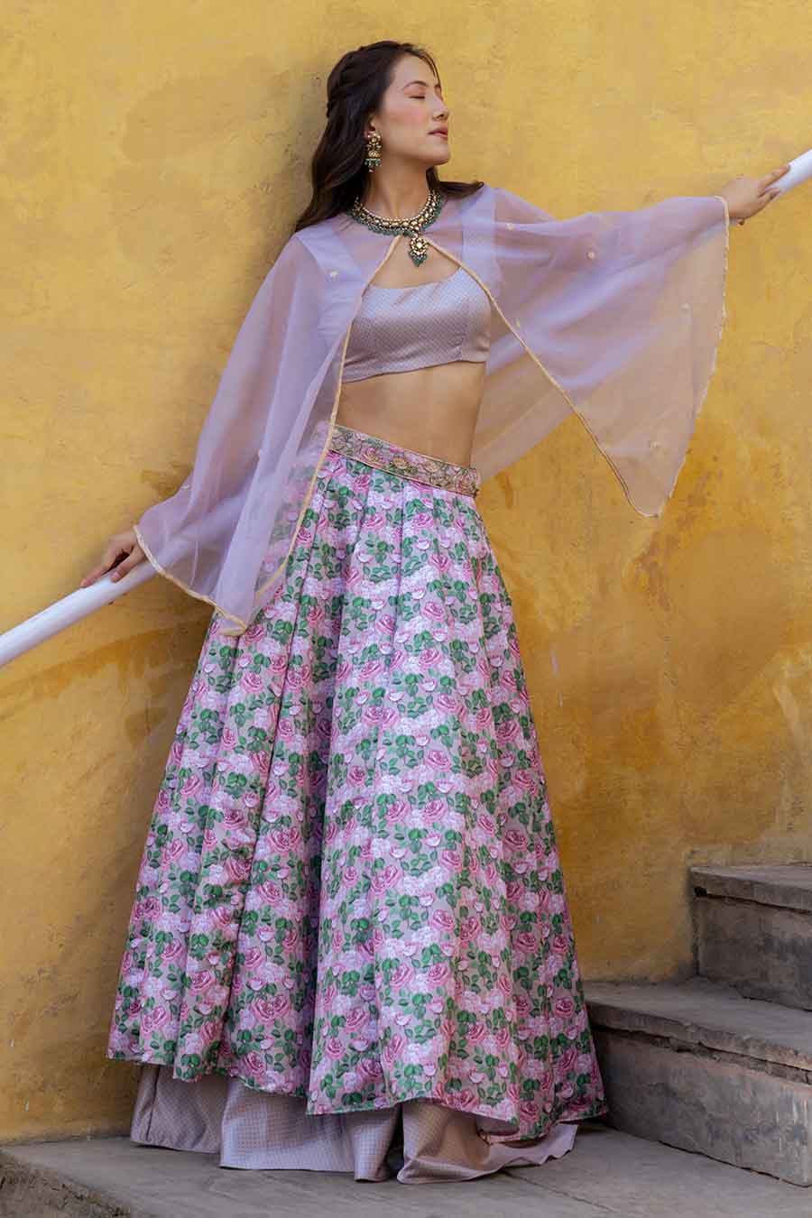 Brown Printed Lehenga Set with Cape