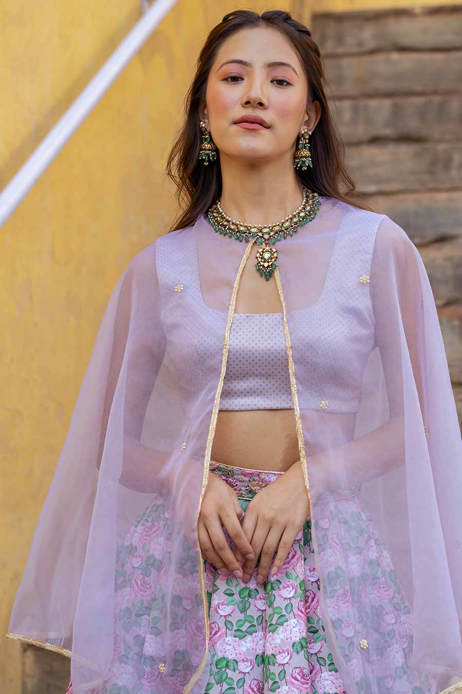 Brown Printed Lehenga Set with Cape