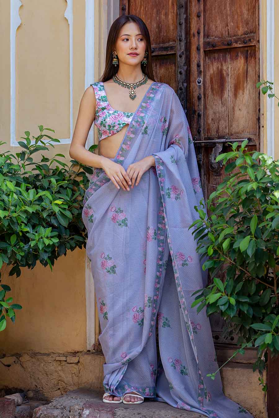 Soft Blue Printed Pre-Draped Saree & Blouse Set