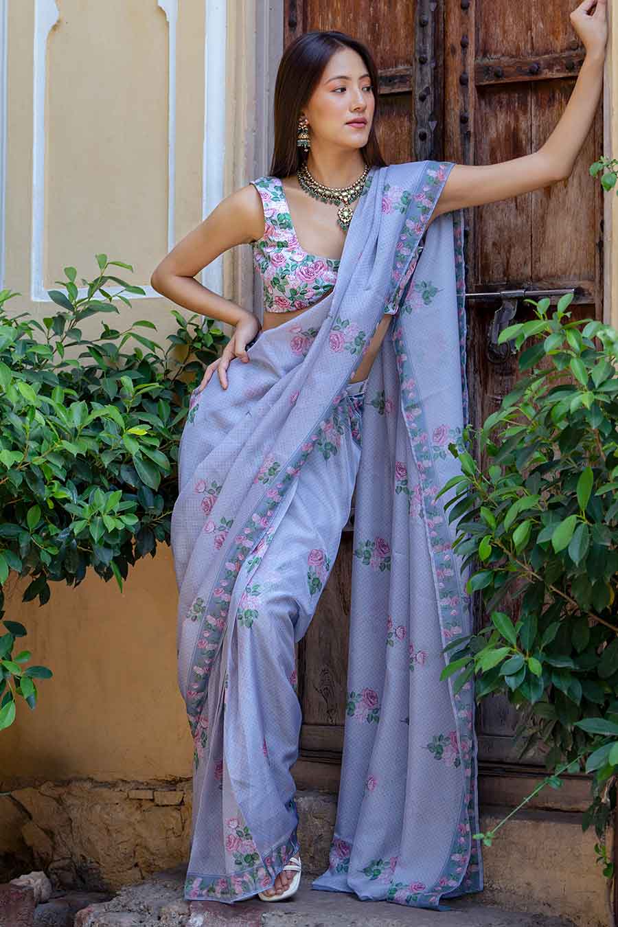 Soft Blue Printed Pre-Draped Saree & Blouse Set