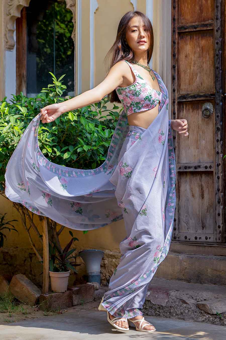 Soft Blue Printed Pre-Draped Saree & Blouse Set