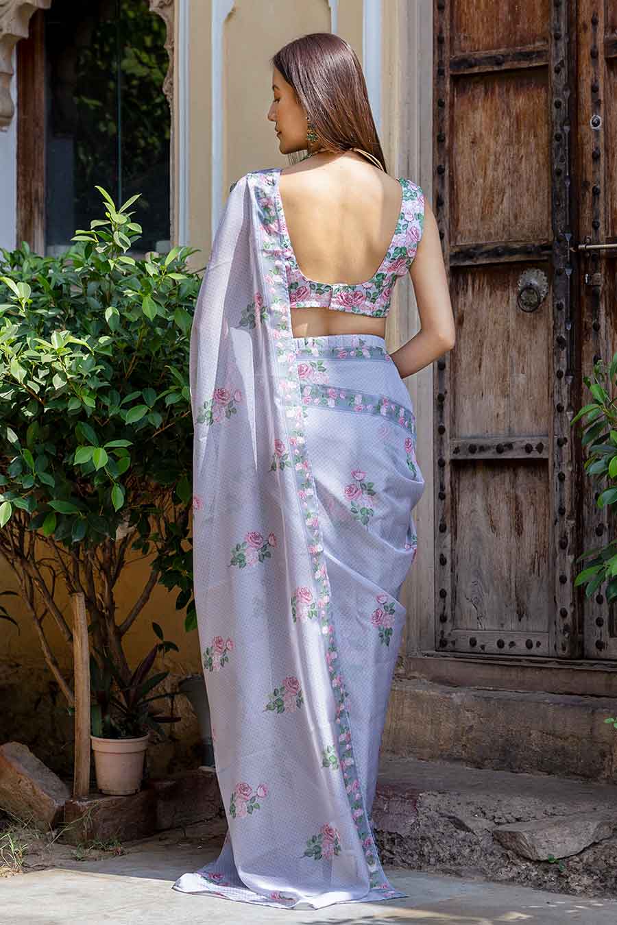 Soft Blue Printed Pre-Draped Saree & Blouse Set