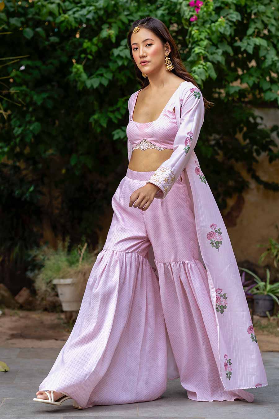 Shop Sweet Pink Polka Blouse Sharara with Jacket Set by PASHA