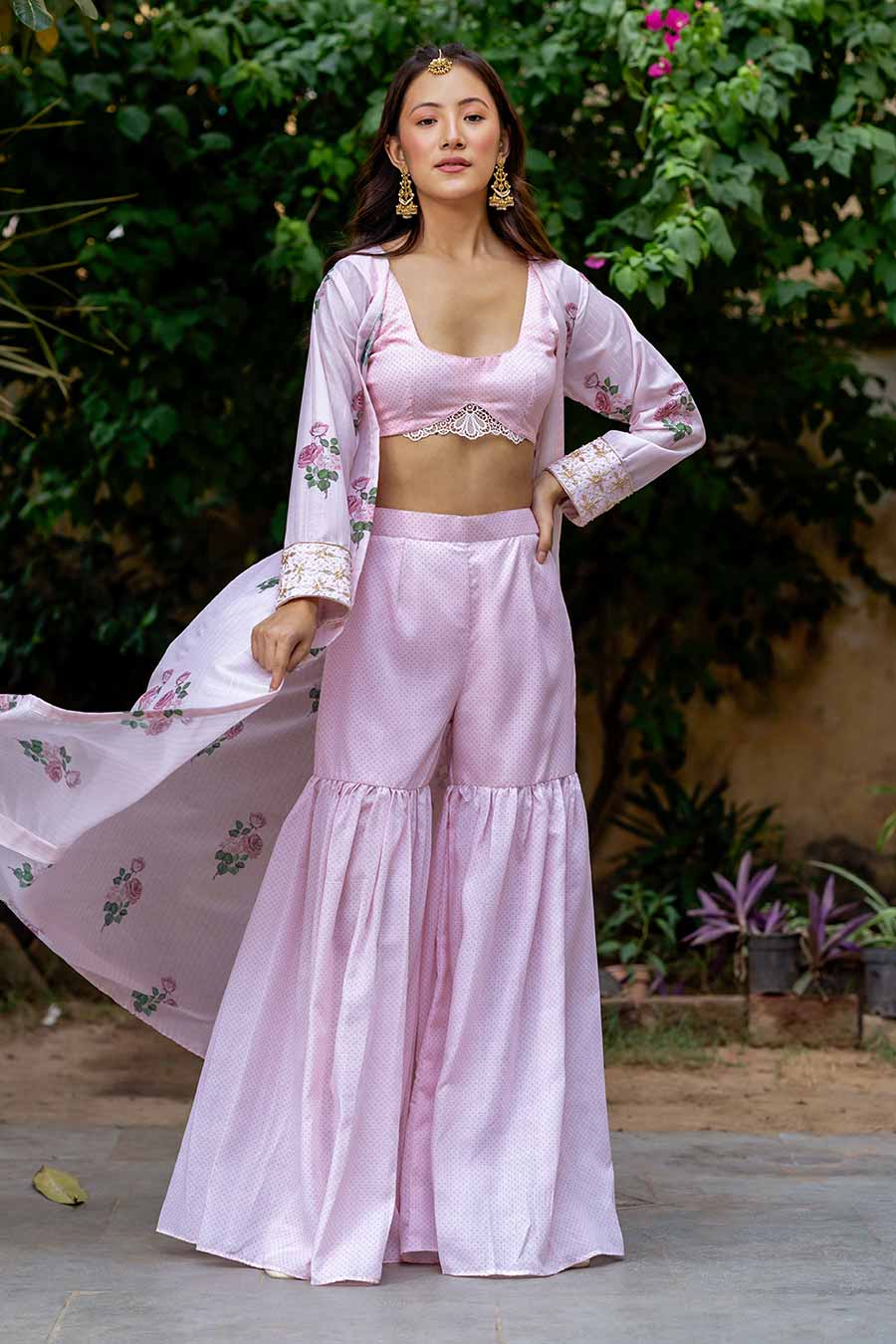 Sweet Pink Polka Blouse & Sharara with Jacket Set