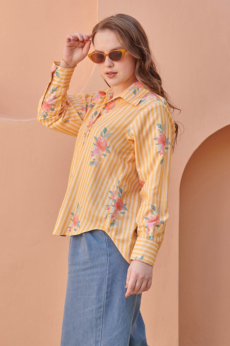 Amber Yellow Striped Printed Shirt