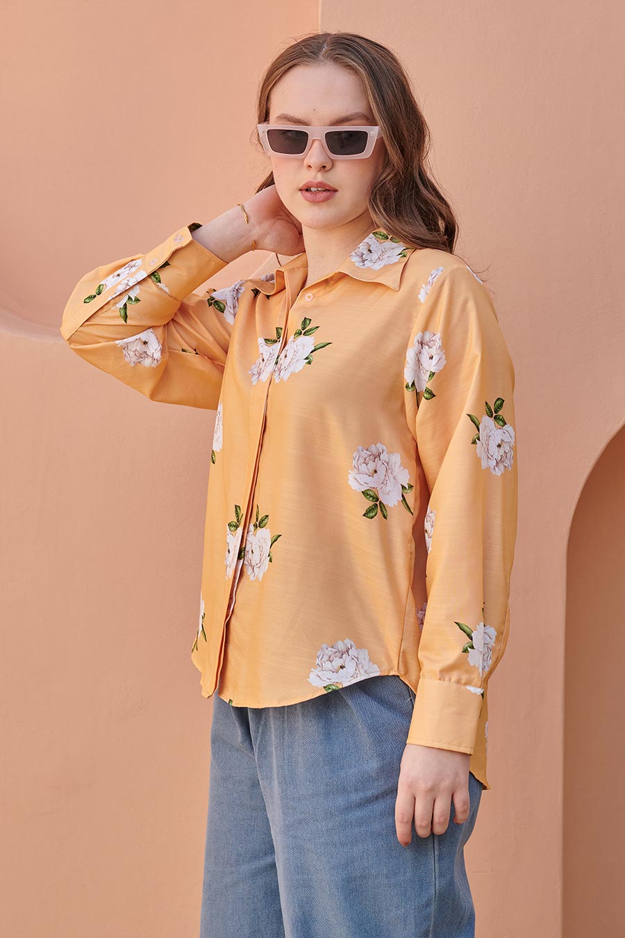 Pale Orange Floral Printed Shirt