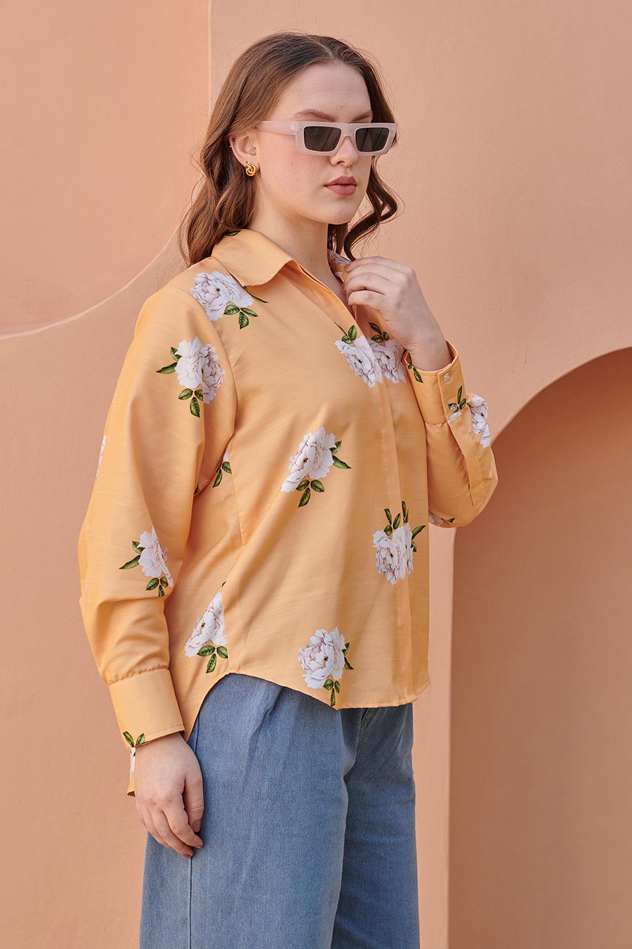 Pale Orange Floral Printed Shirt