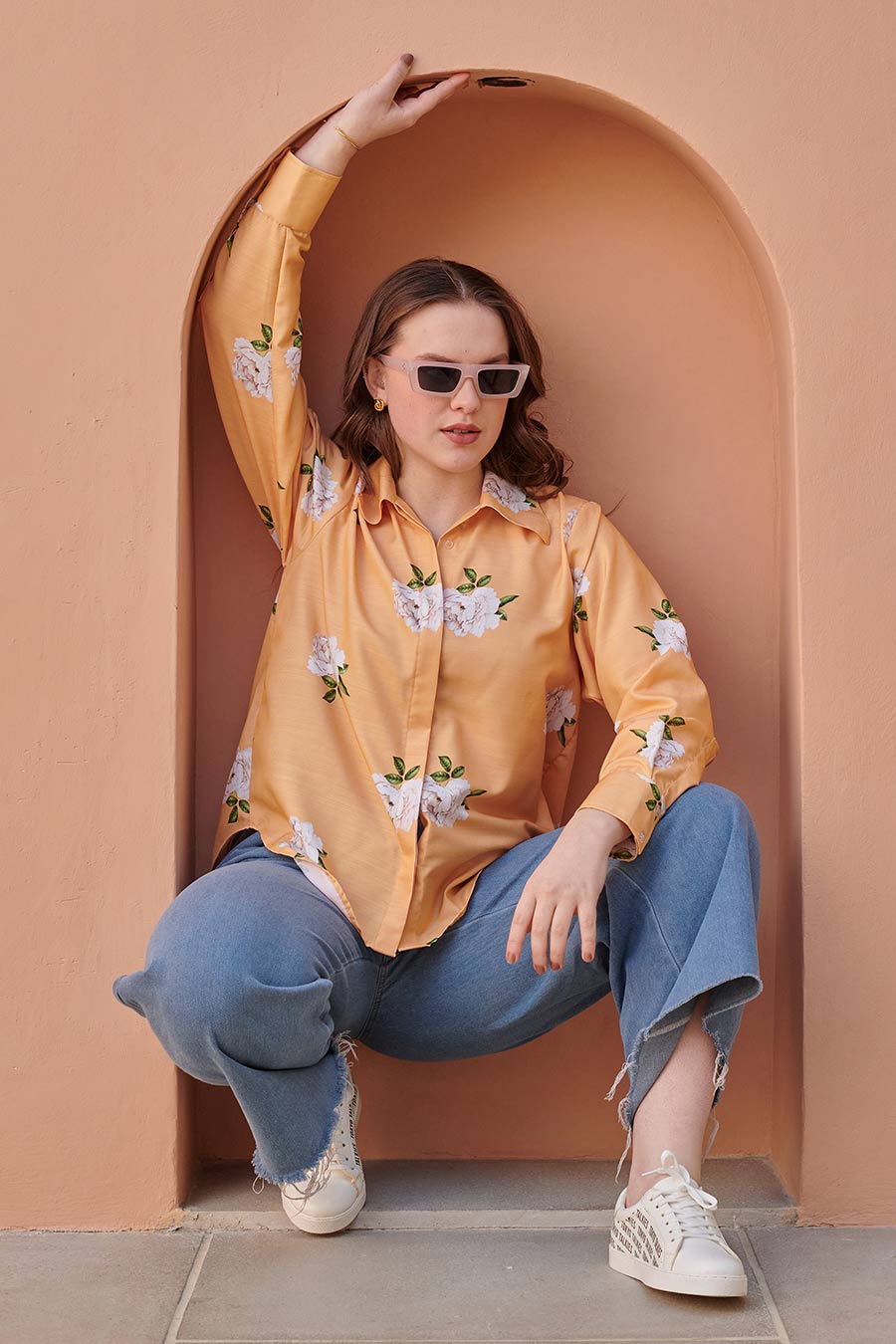 Pale Orange Floral Printed Shirt