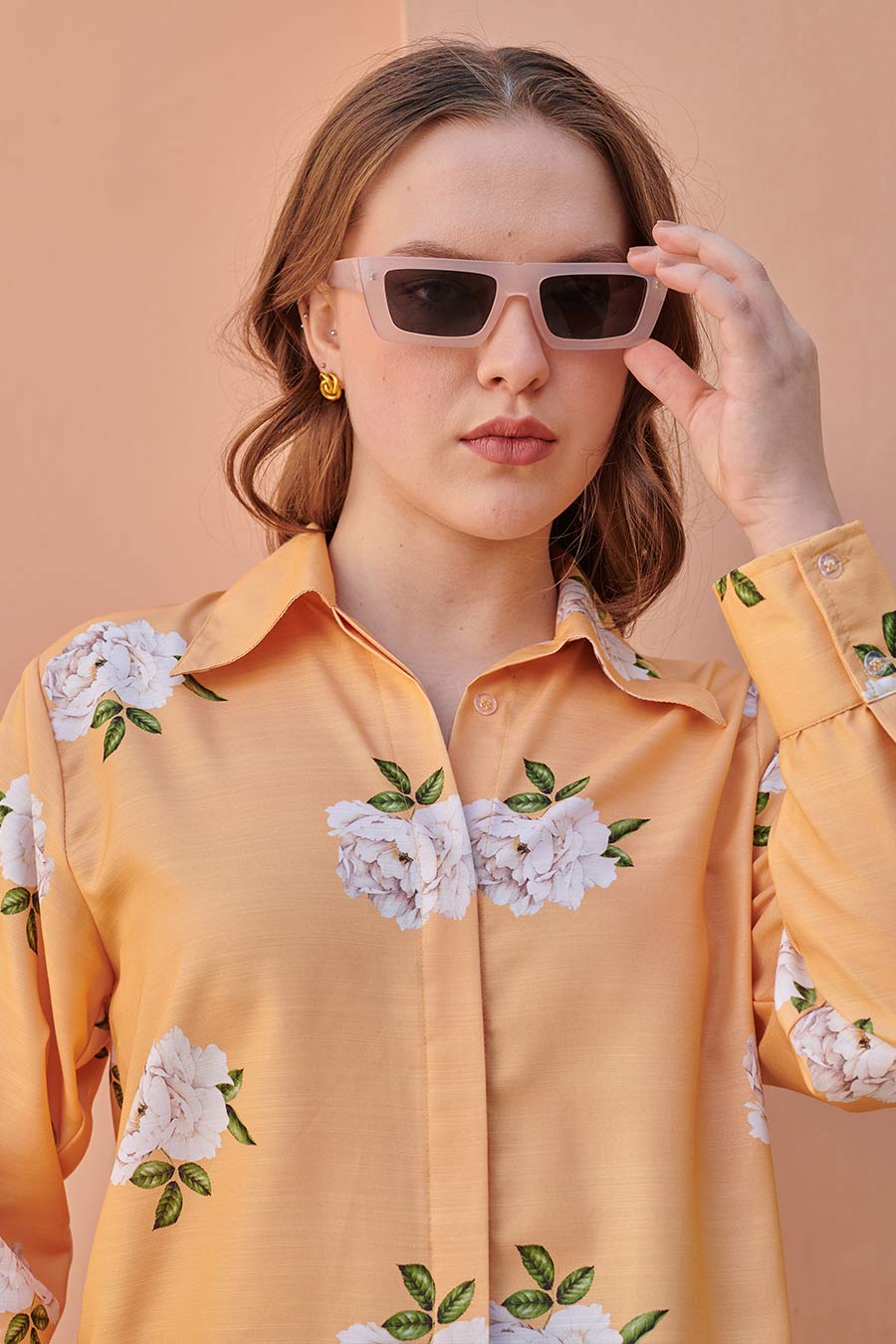 Pale Orange Floral Printed Shirt