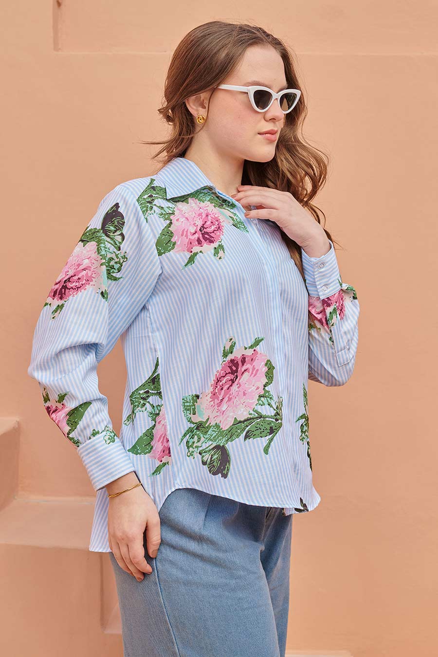 Blue Striped Floral Printed Shirt