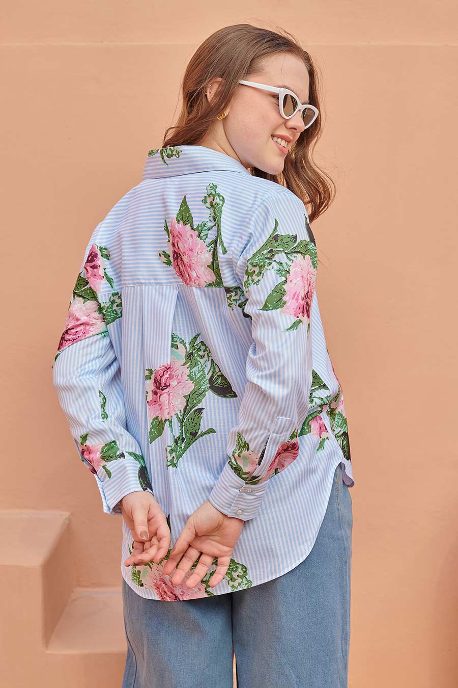 Blue Striped Floral Printed Shirt