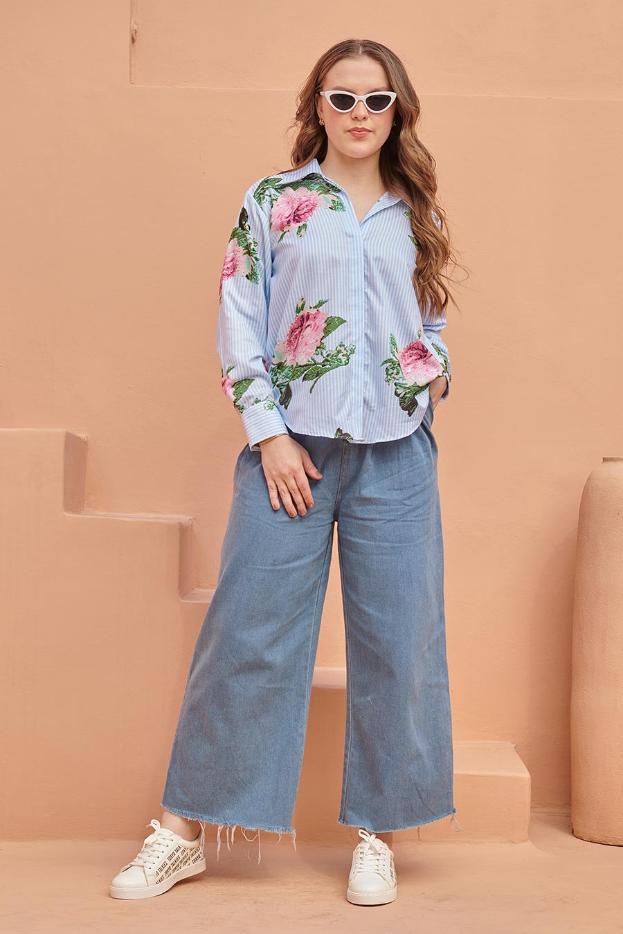 Blue Striped Floral Printed Shirt