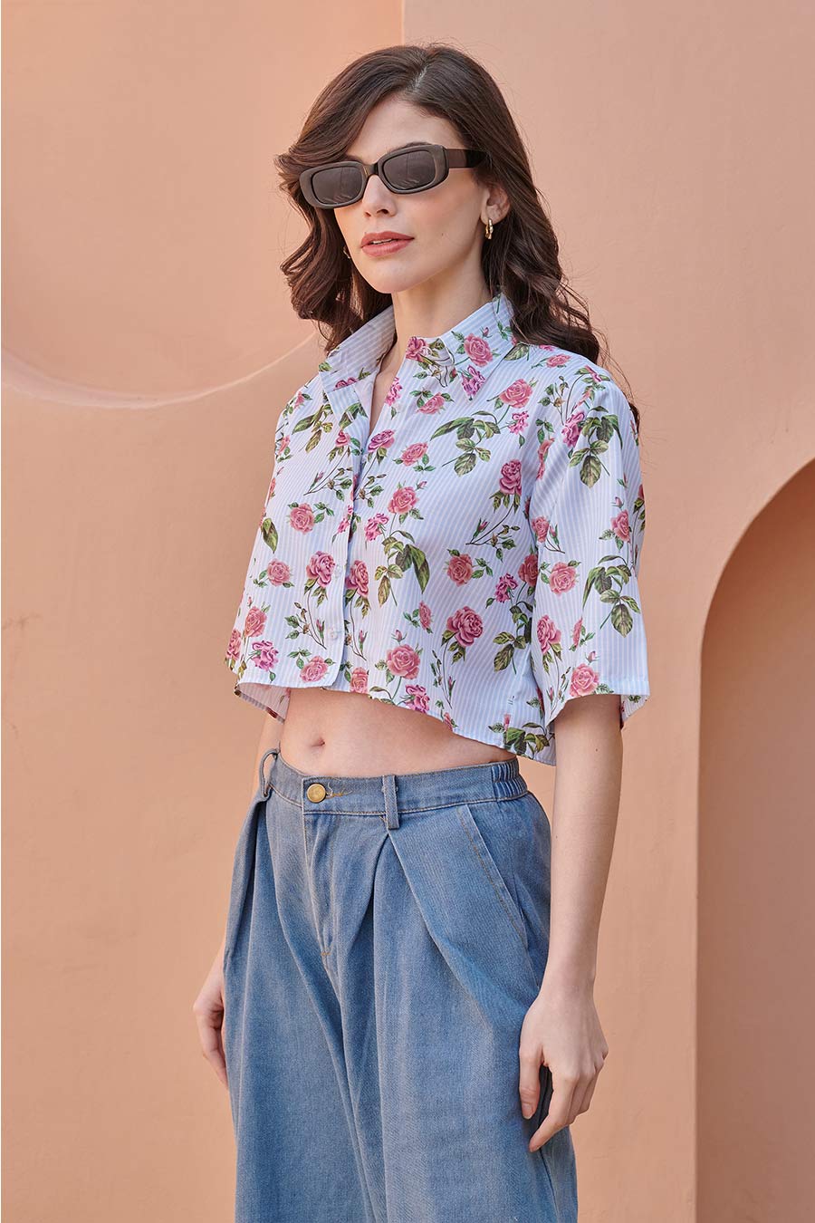 Iceberg Blue Printed Crop Shirt