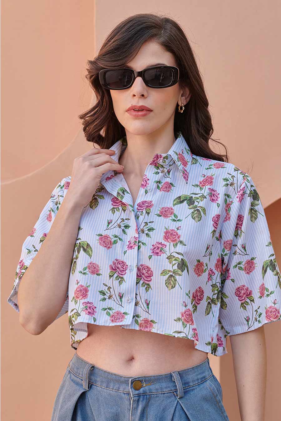 Iceberg Blue Printed Crop Shirt