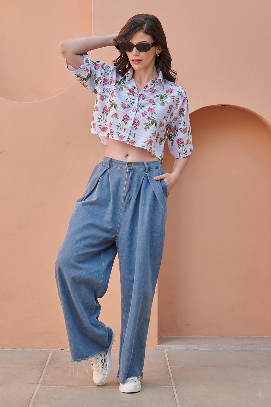 Iceberg Blue Printed Crop Shirt