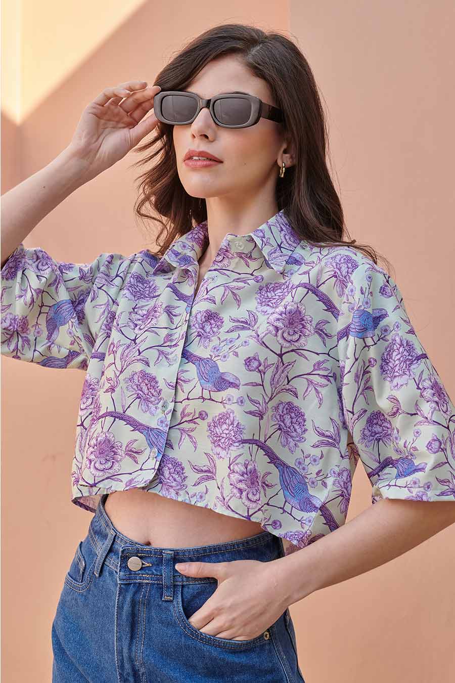 Fern Green Printed Crop Shirt