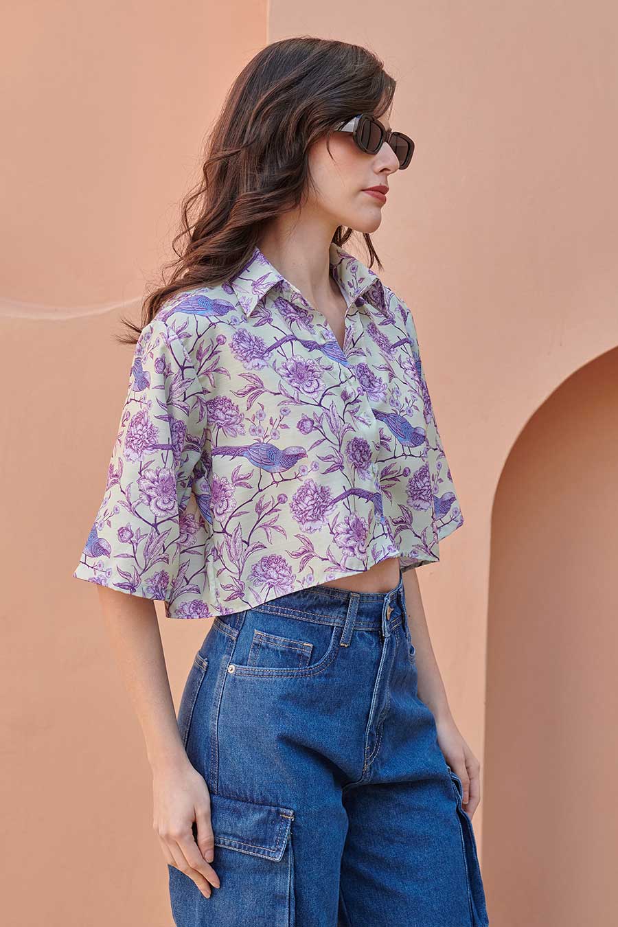 Fern Green Printed Crop Shirt