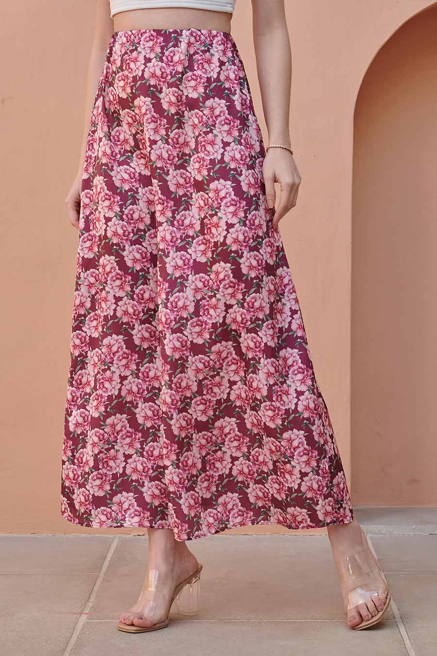 Burgundy Floral Printed Straight Skirt