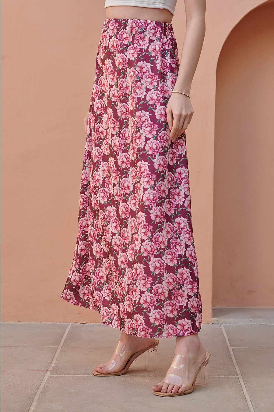 Burgundy Floral Printed Straight Skirt