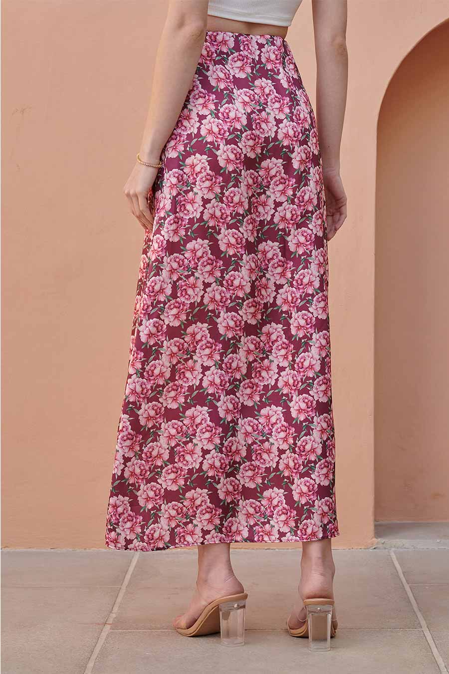 Burgundy Floral Printed Straight Skirt