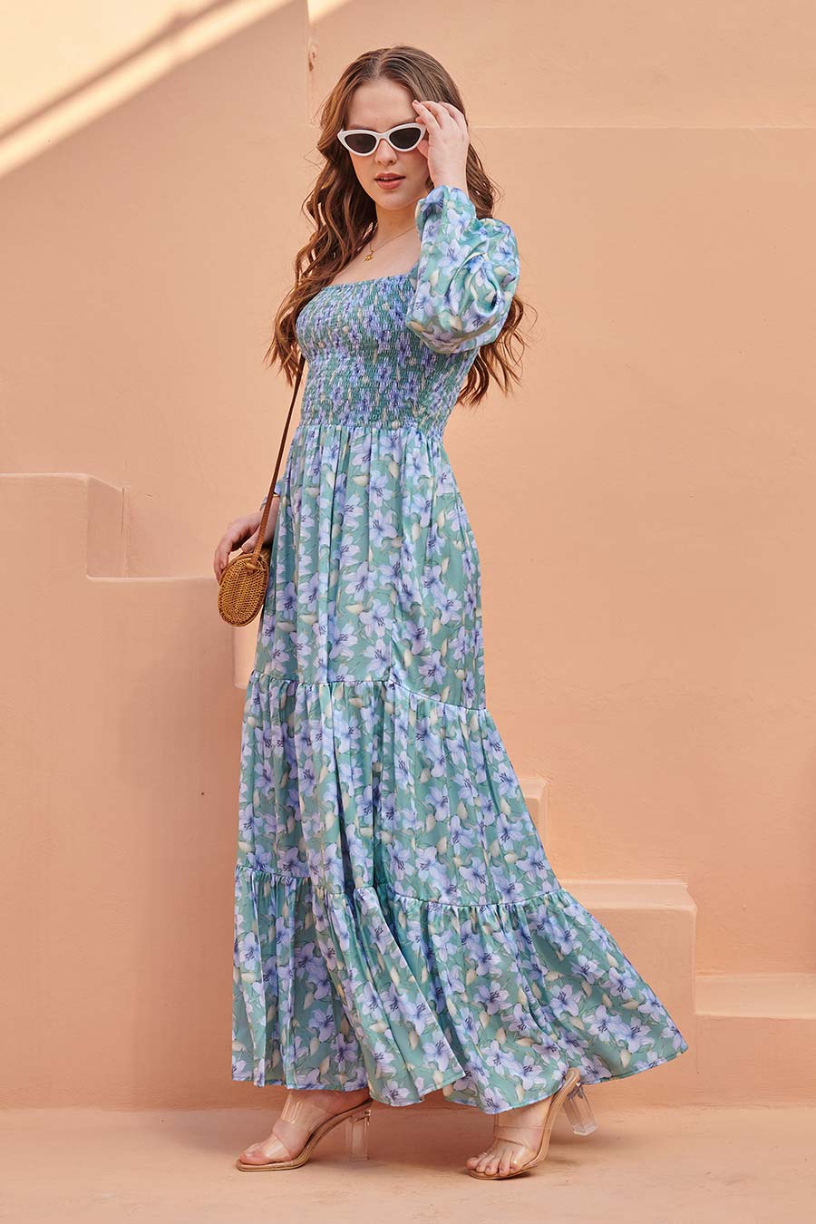 Sea Green Printed Smocked Maxi Dress