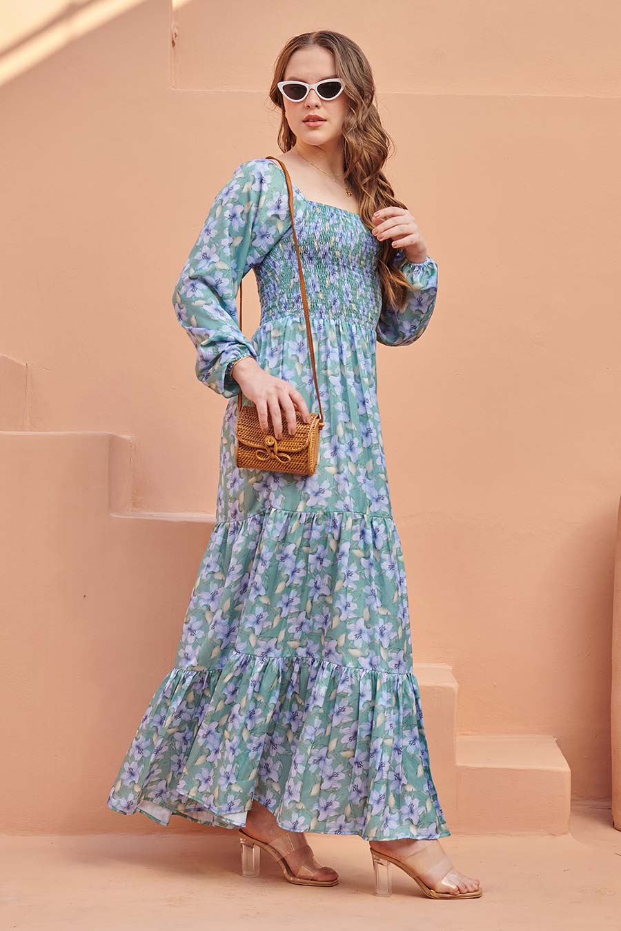 Sea Green Printed Smocked Maxi Dress