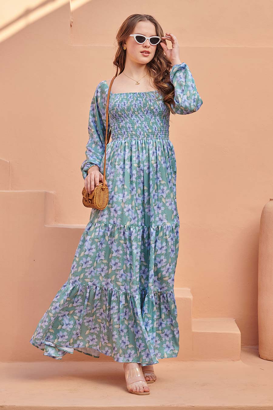 Sea Green Printed Smocked Maxi Dress