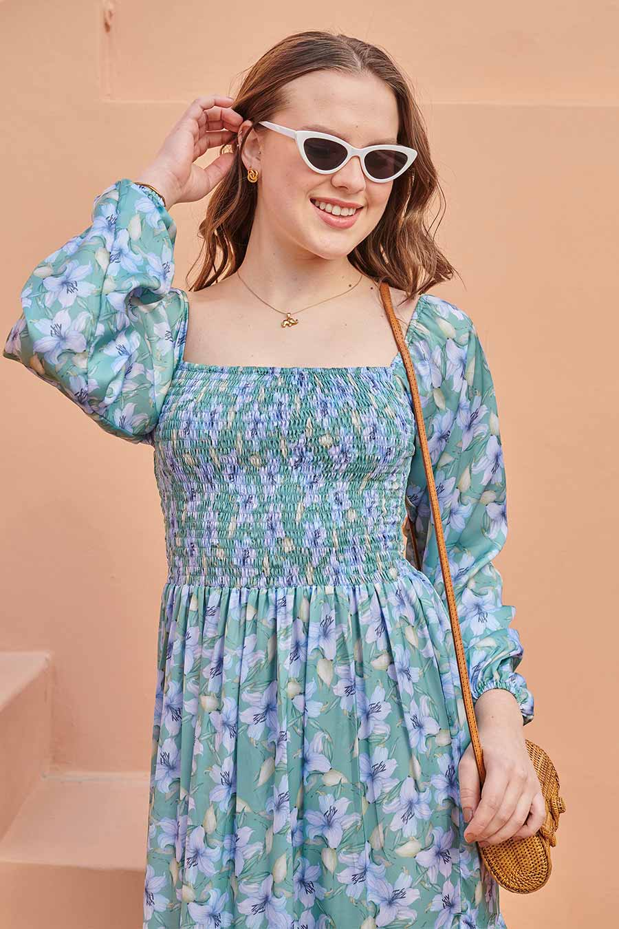 Sea Green Printed Smocked Maxi Dress