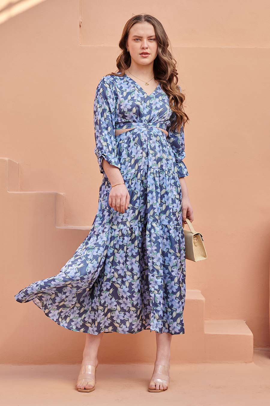 Space Blue Printed Cut-Out Maxi Dress