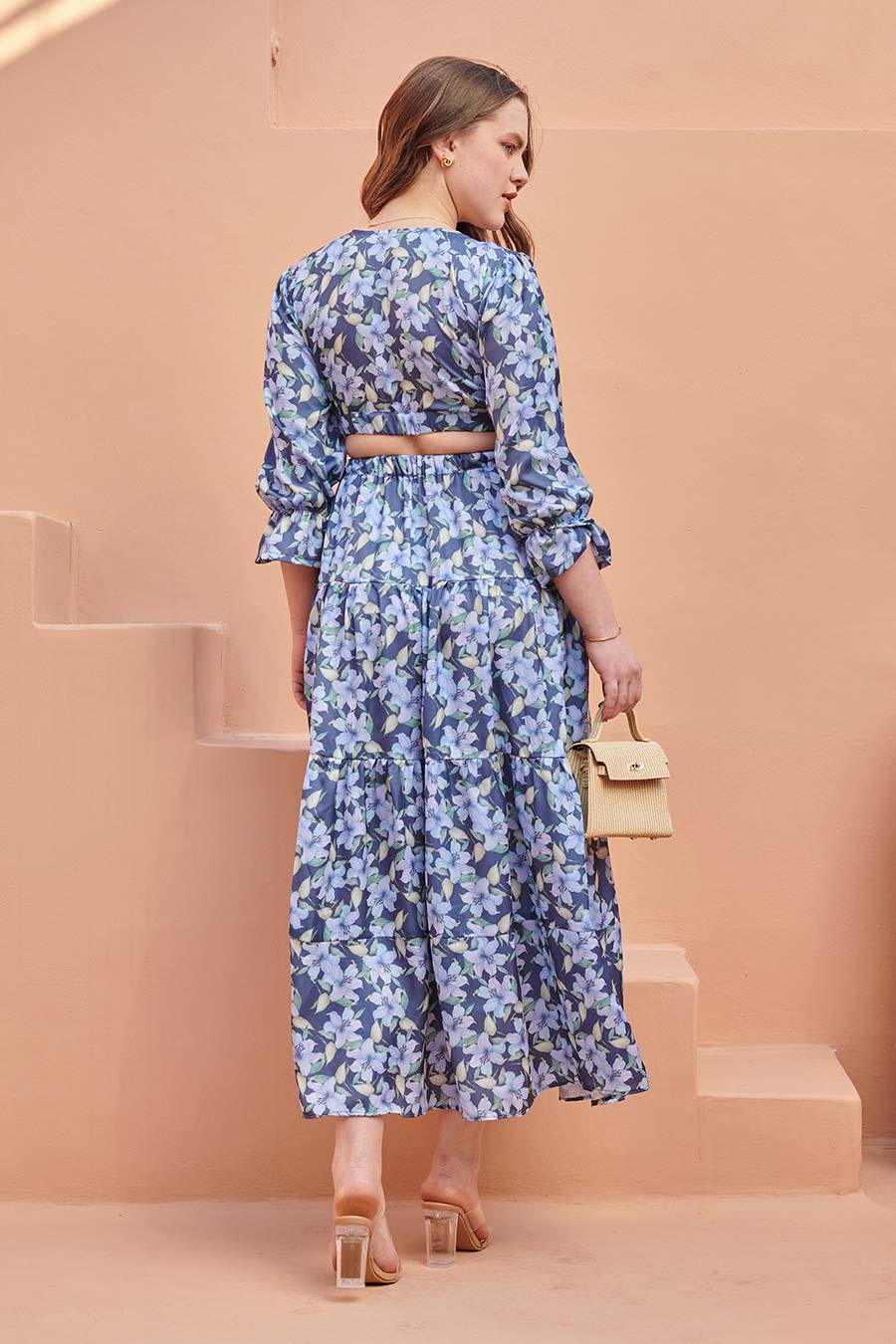 Space Blue Printed Cut-Out Maxi Dress