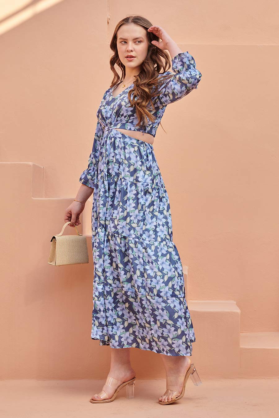 Space Blue Printed Cut-Out Maxi Dress