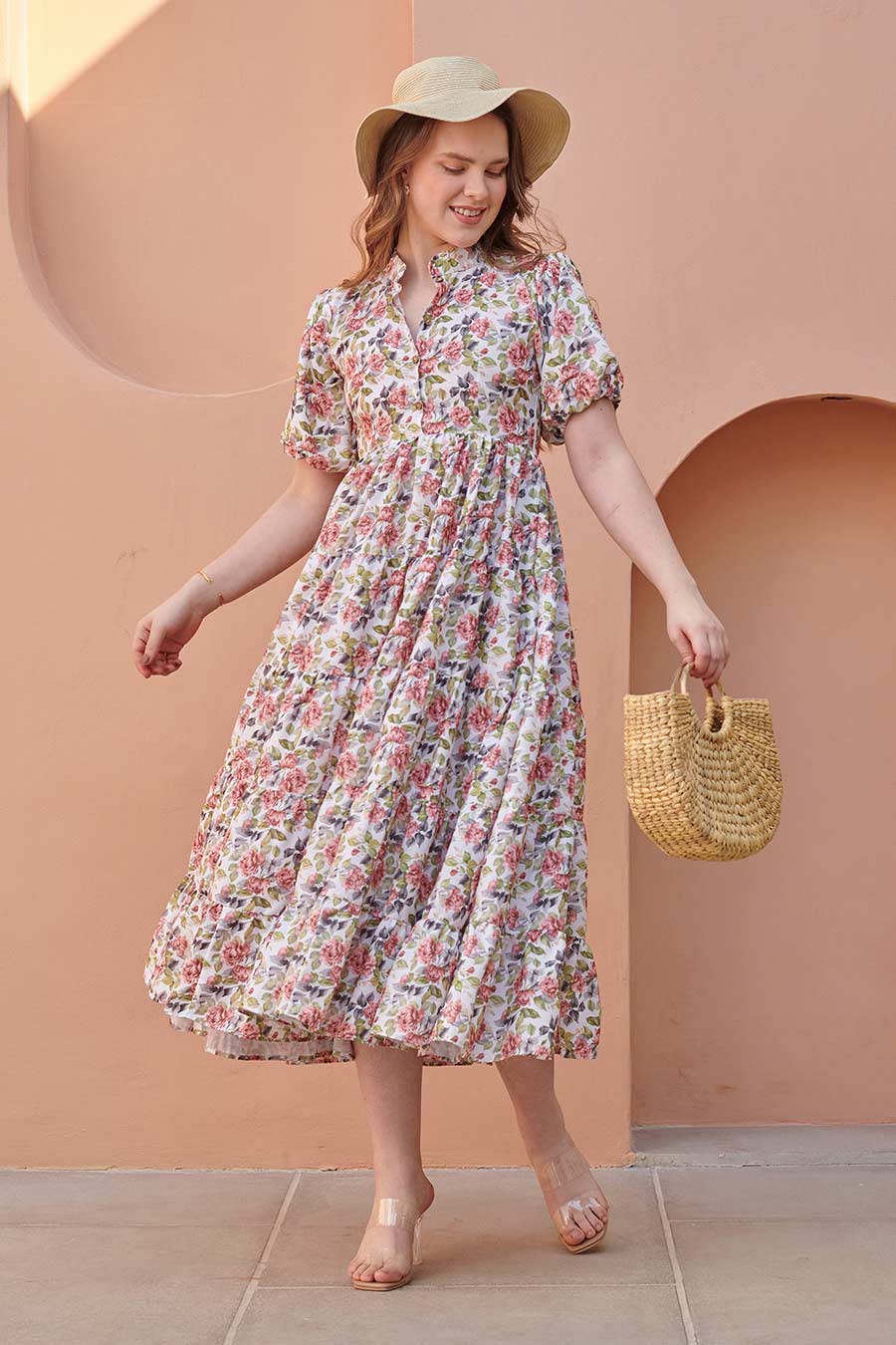 Dove White Printed Gathered Midi Dress