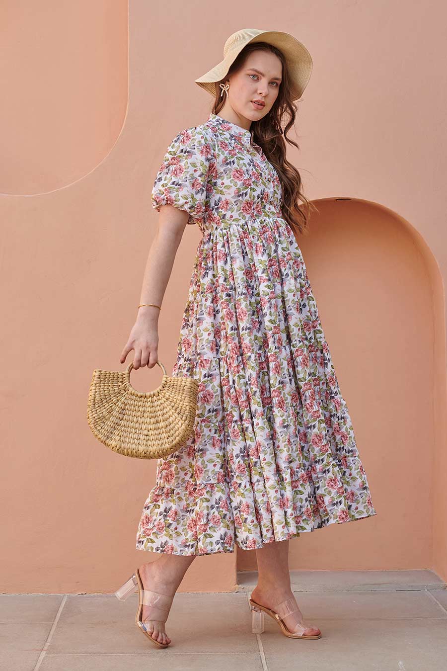 Dove White Printed Gathered Midi Dress