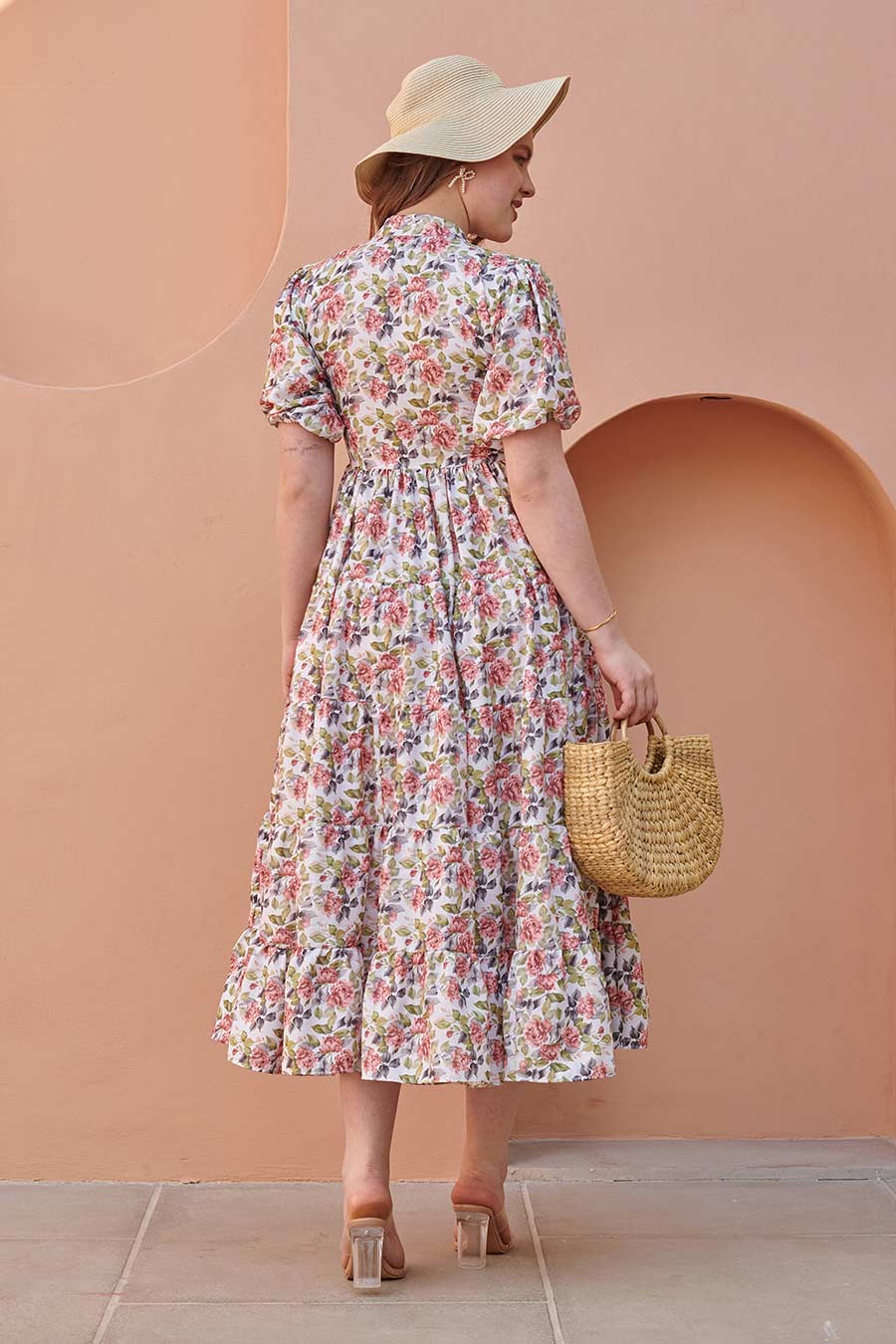 Dove White Printed Gathered Midi Dress