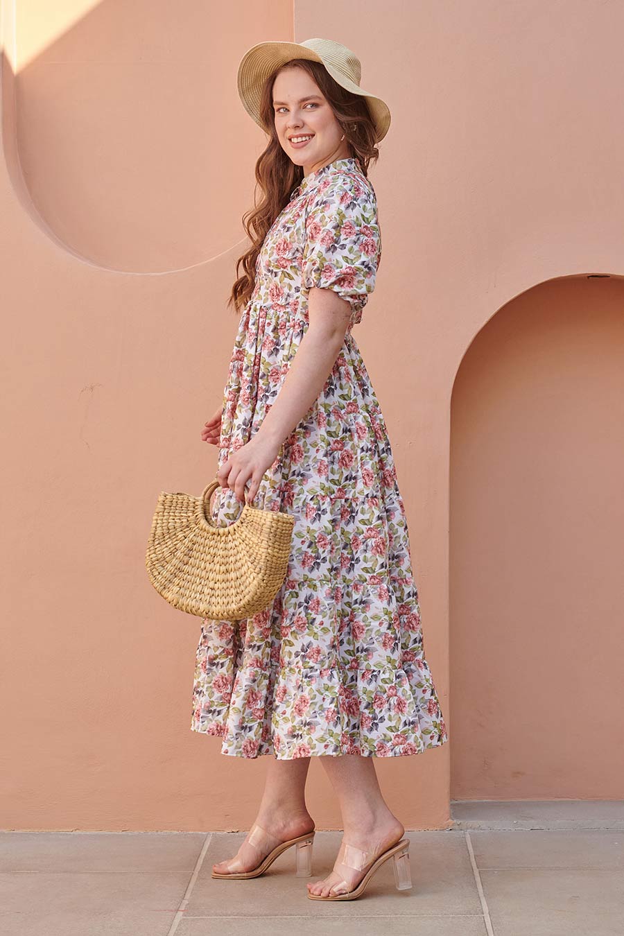 Dove White Printed Gathered Midi Dress