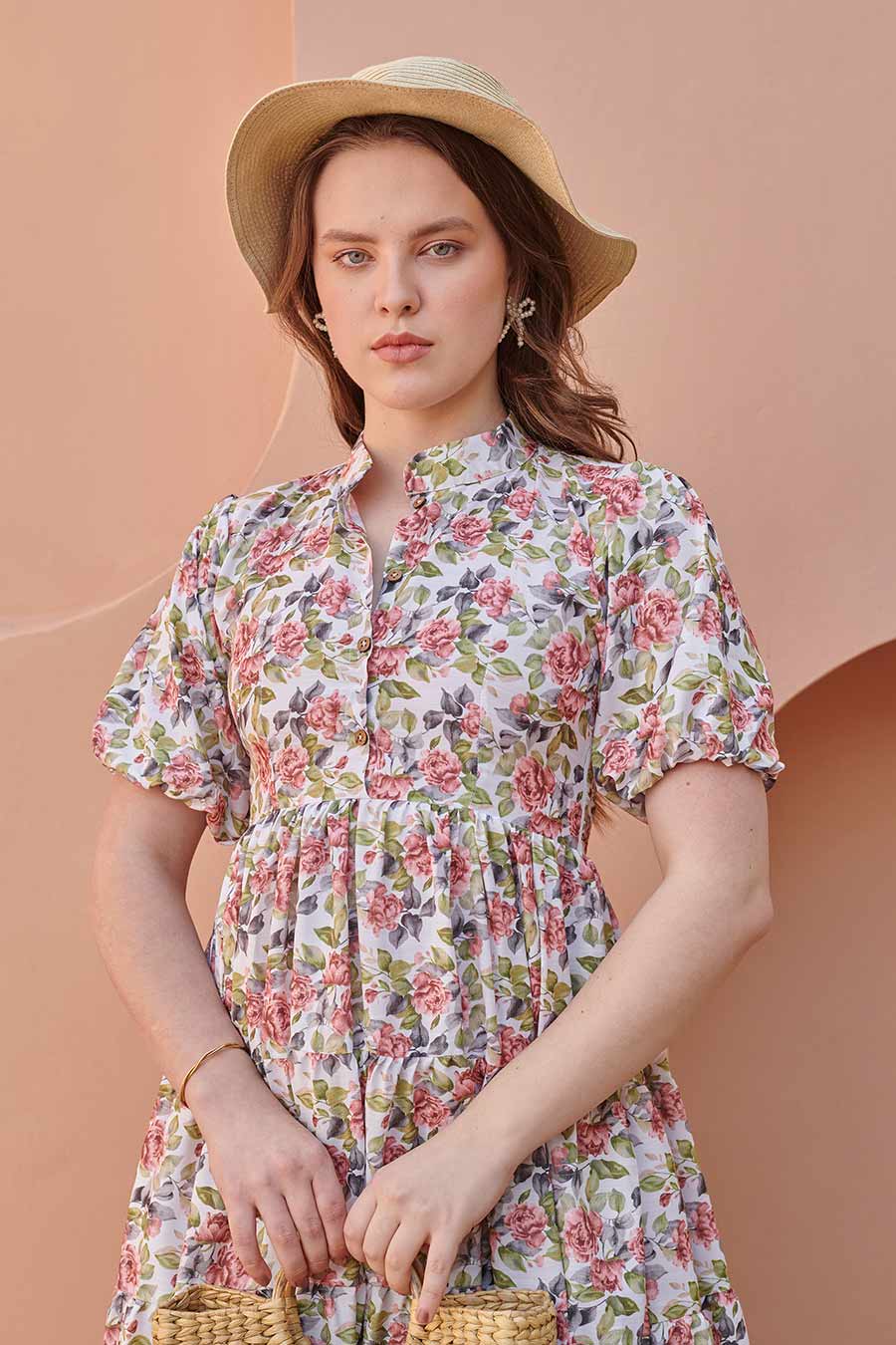 Dove White Printed Gathered Midi Dress