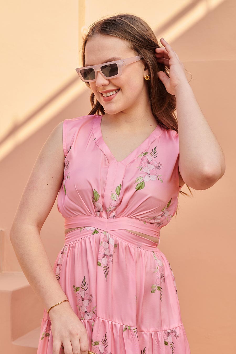 Taffy Pink Printed Cut-Out Maxi Dress