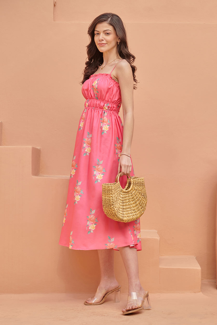 Hot Pink Strappy Smocked Midi Dress