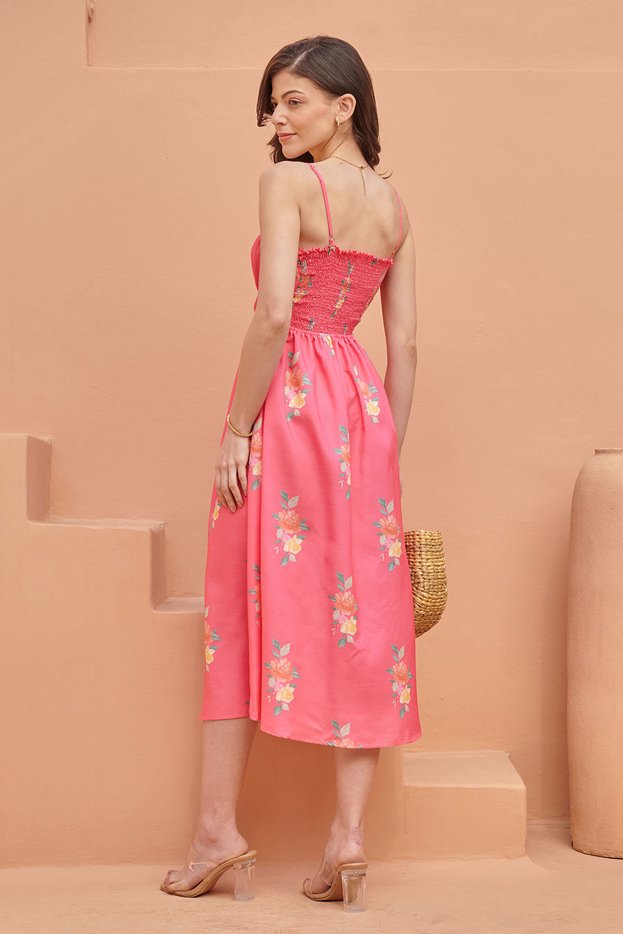 Hot Pink Strappy Smocked Midi Dress