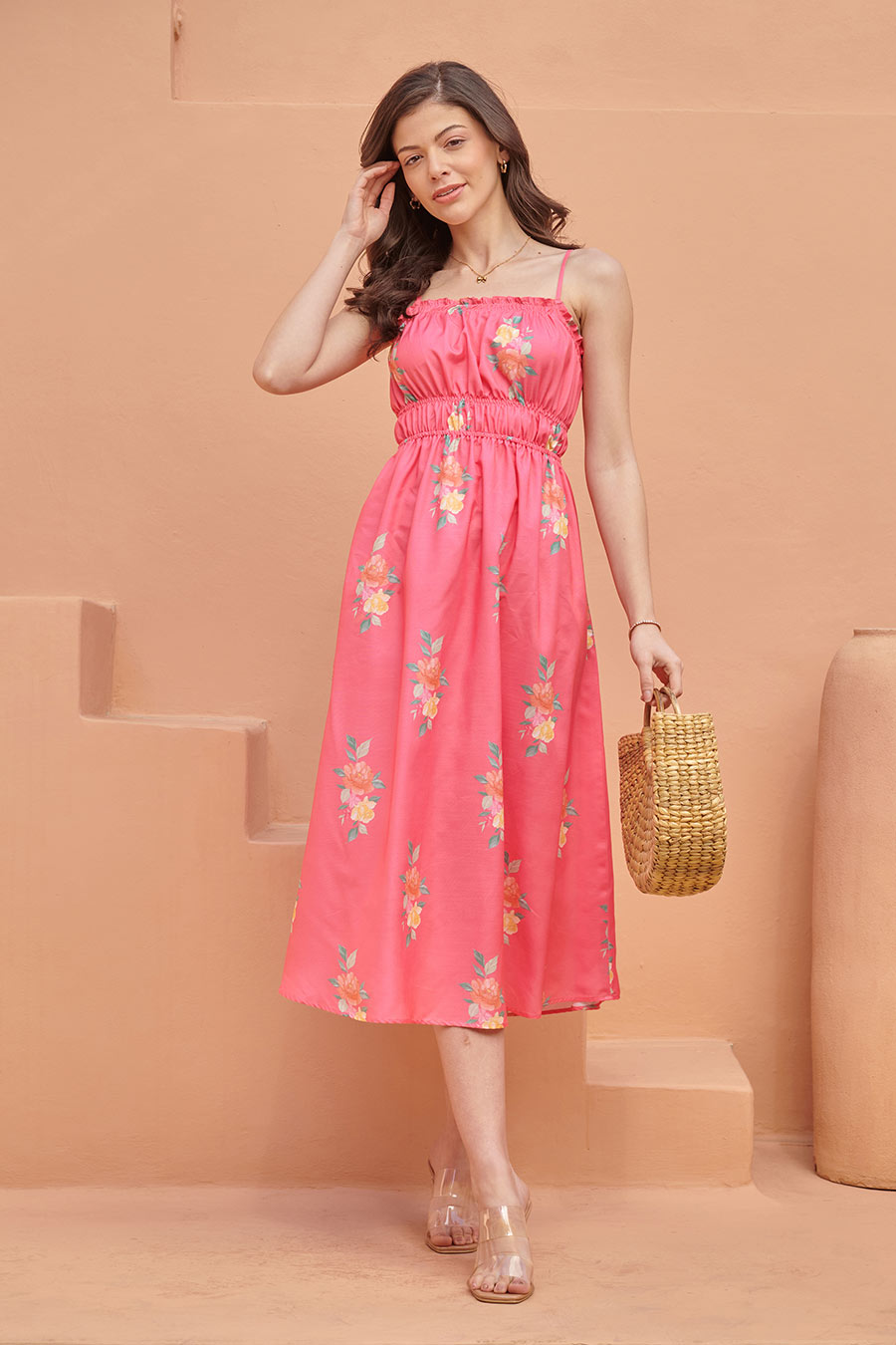 Hot Pink Strappy Smocked Midi Dress
