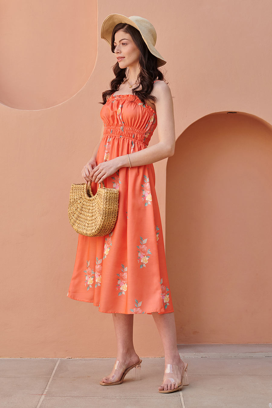Bright Orange Strappy Smocked Midi Dress