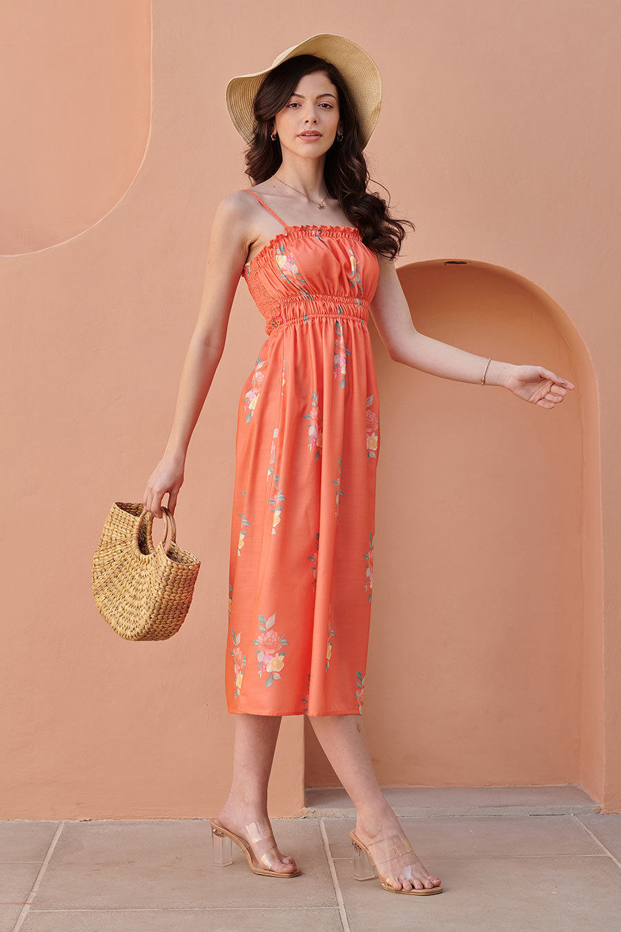 Bright Orange Strappy Smocked Midi Dress