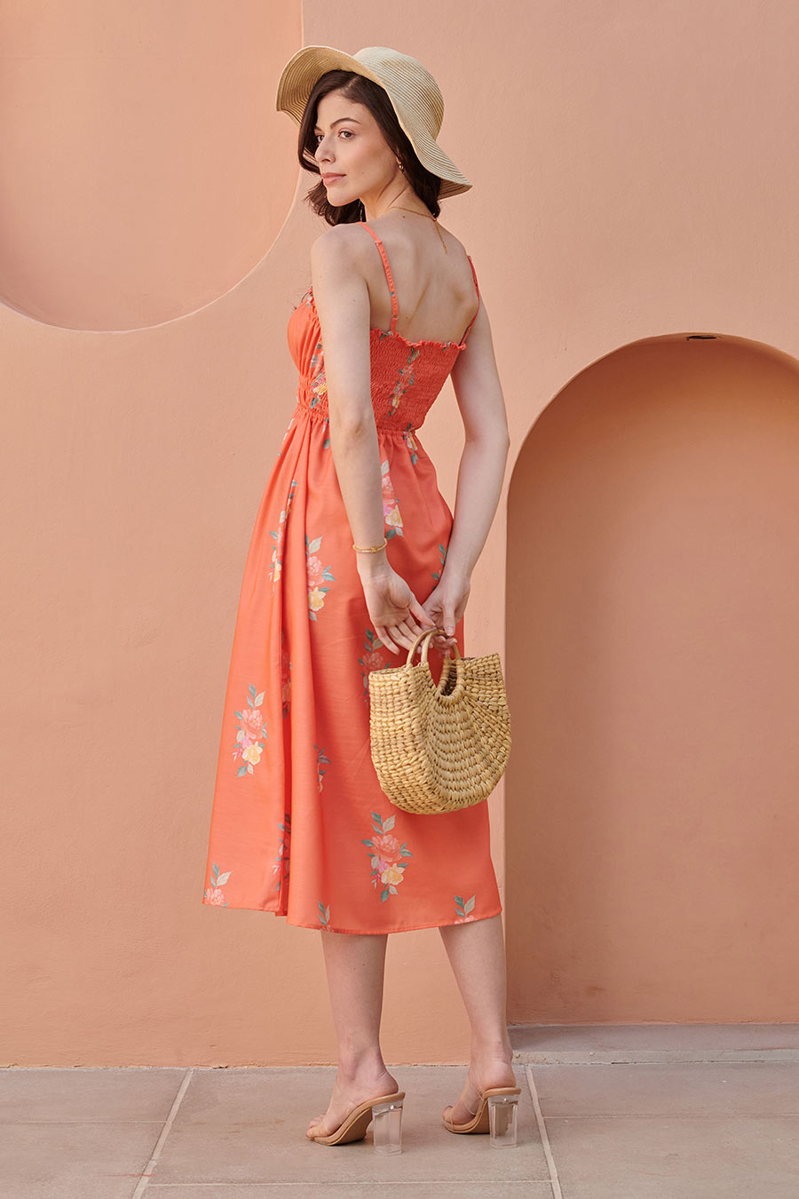 Bright Orange Strappy Smocked Midi Dress