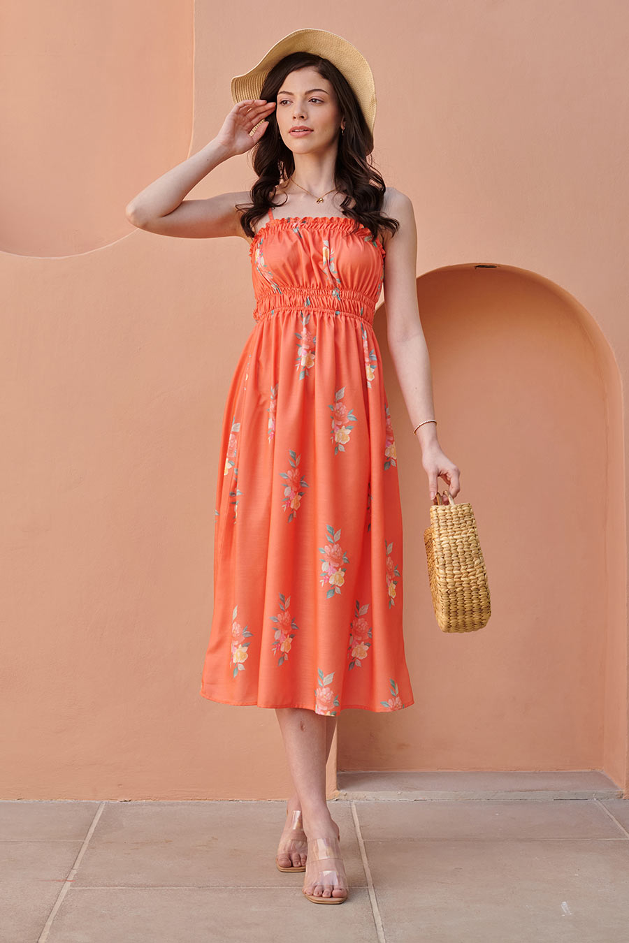 Bright Orange Strappy Smocked Midi Dress