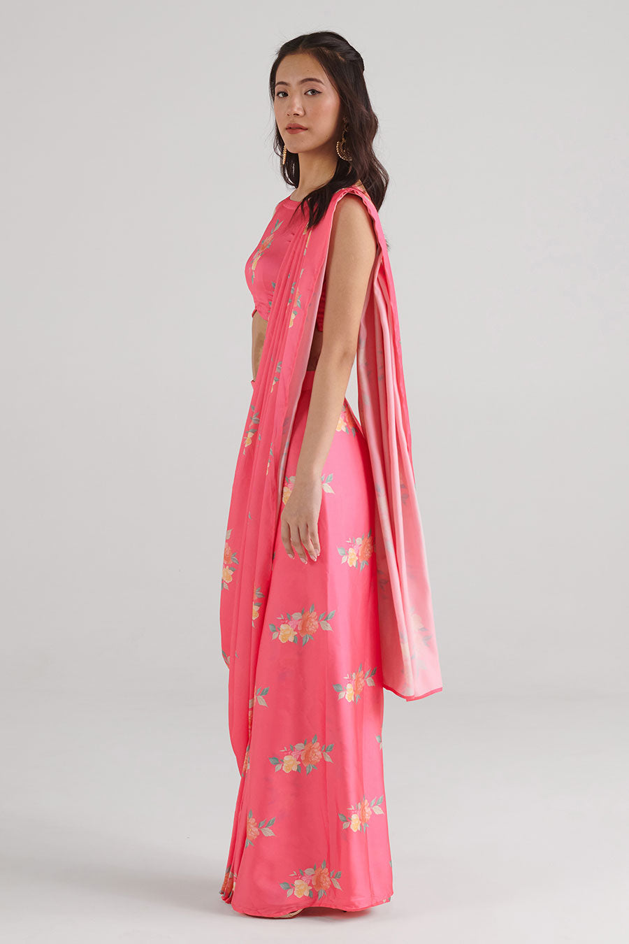 Hot Pink Floral Pre-Draped Saree Set