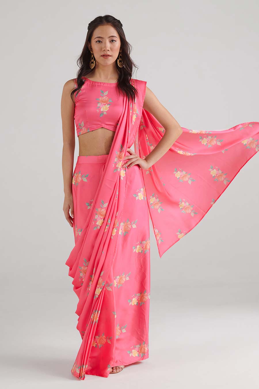 Hot Pink Floral Pre-Draped Saree Set