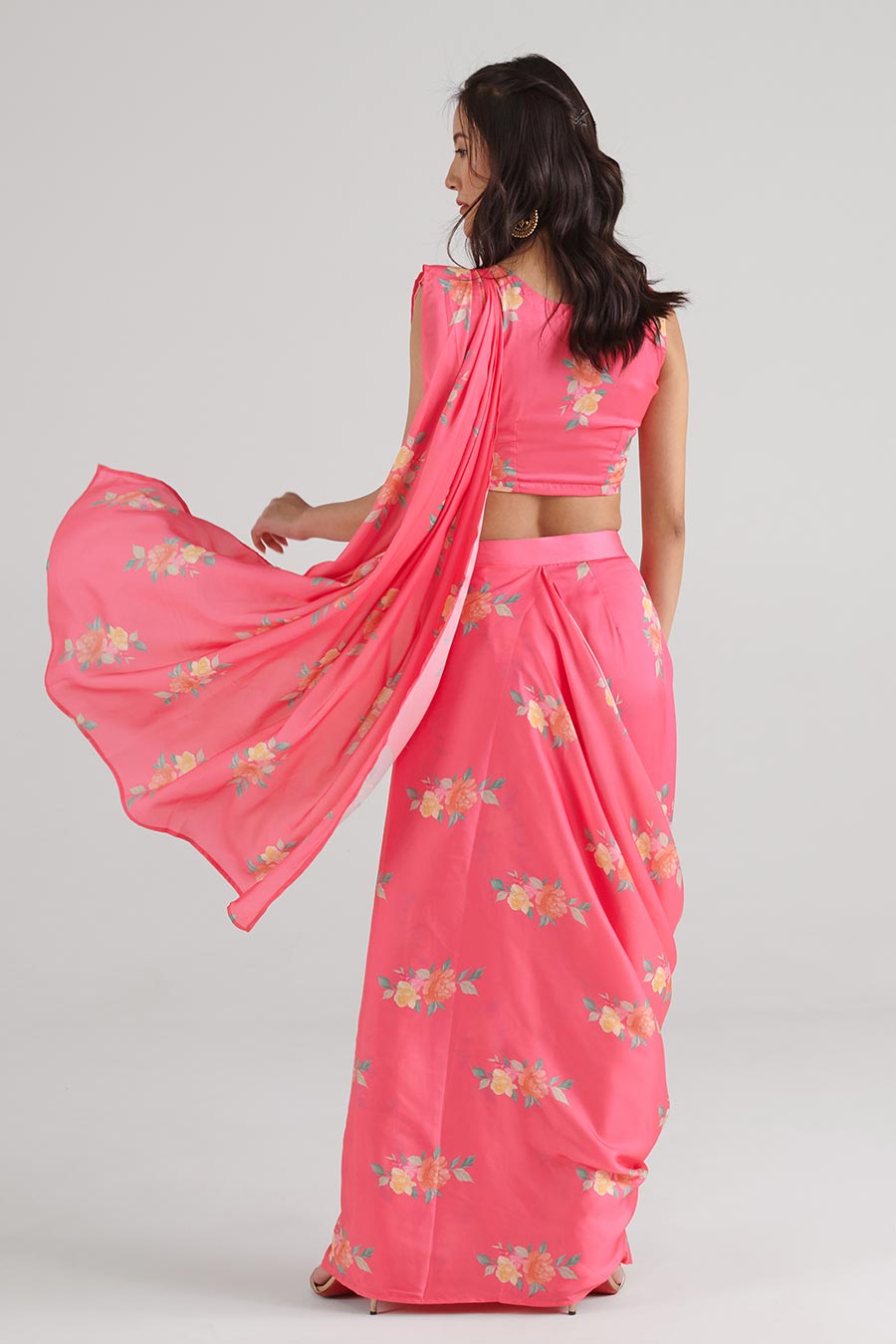 Hot Pink Floral Pre-Draped Saree Set