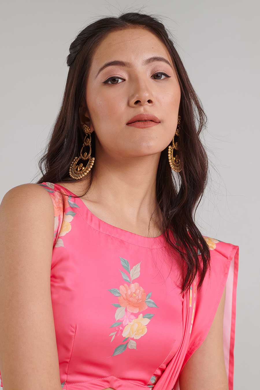 Hot Pink Floral Pre-Draped Saree Set